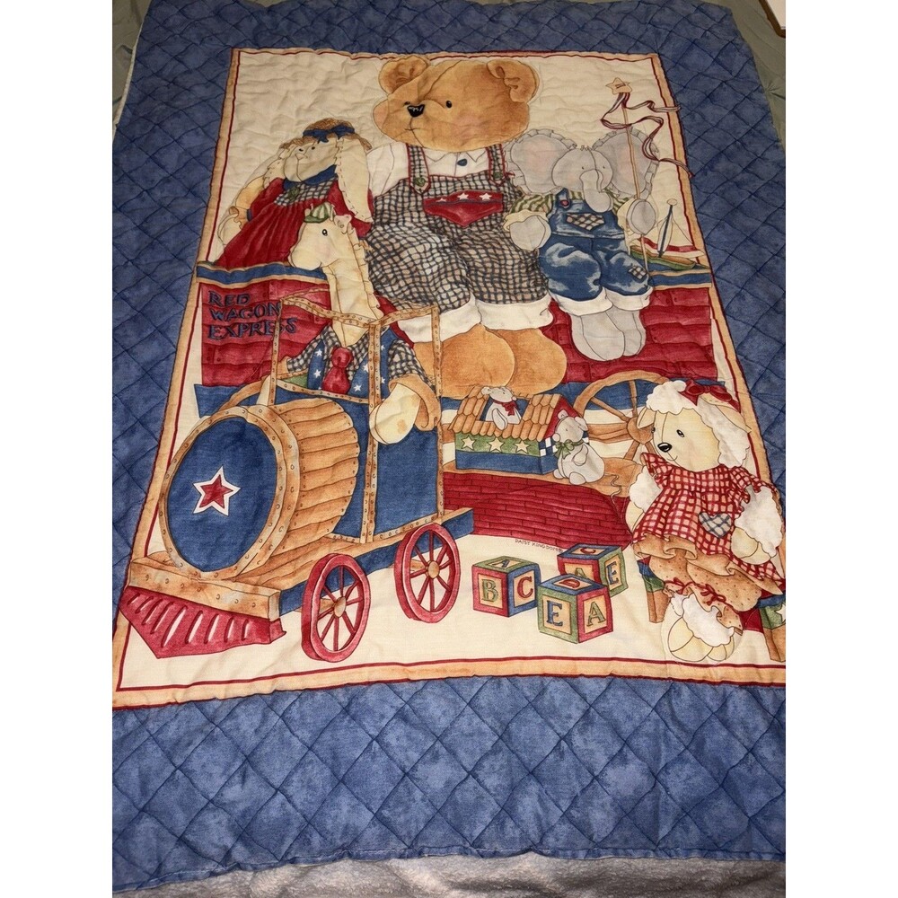Blue Jean Teddy Bear Baby Quilt Blanket 35x44 Vintage 90s train blocks abc